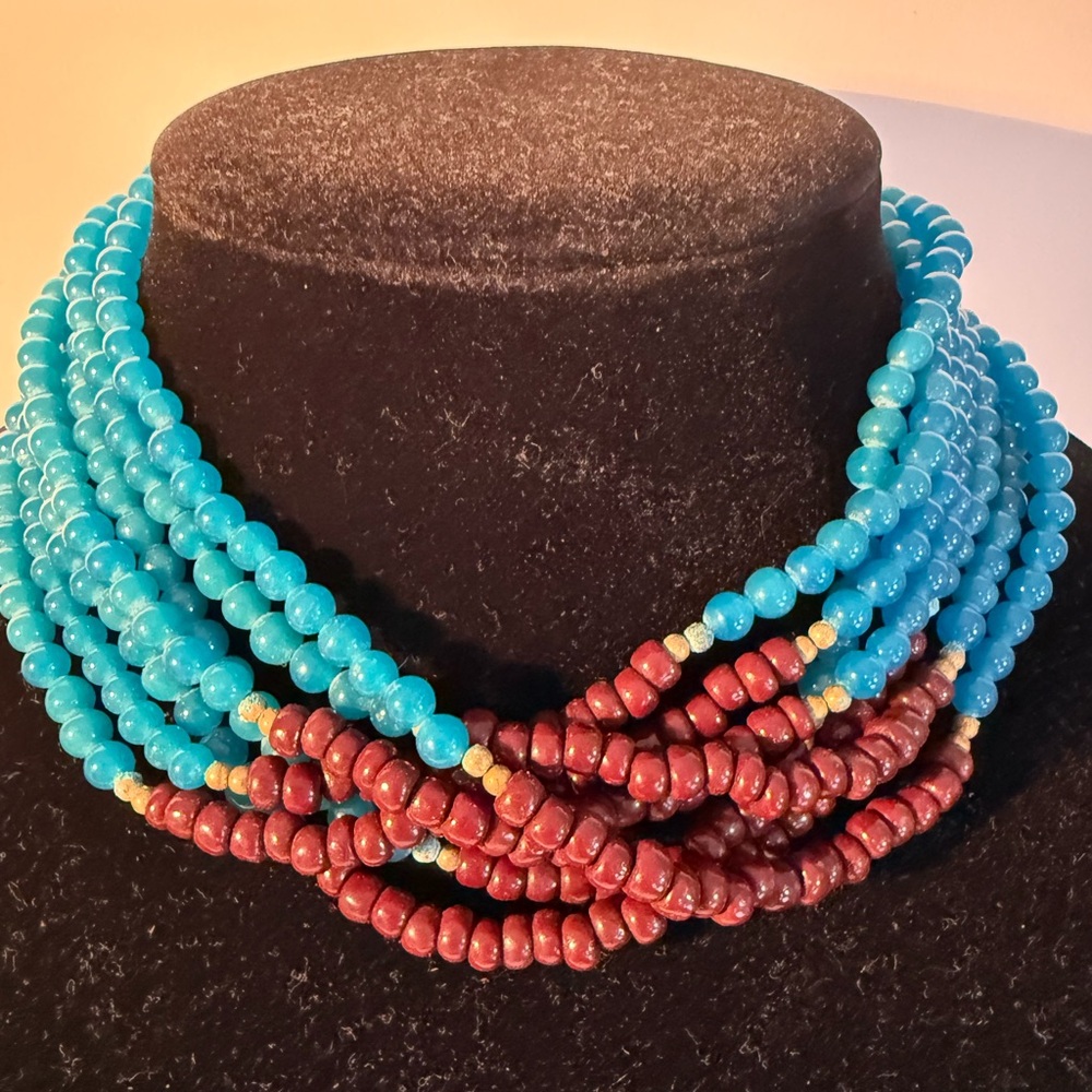 Vibrant Blue and Red Beaded Necklace